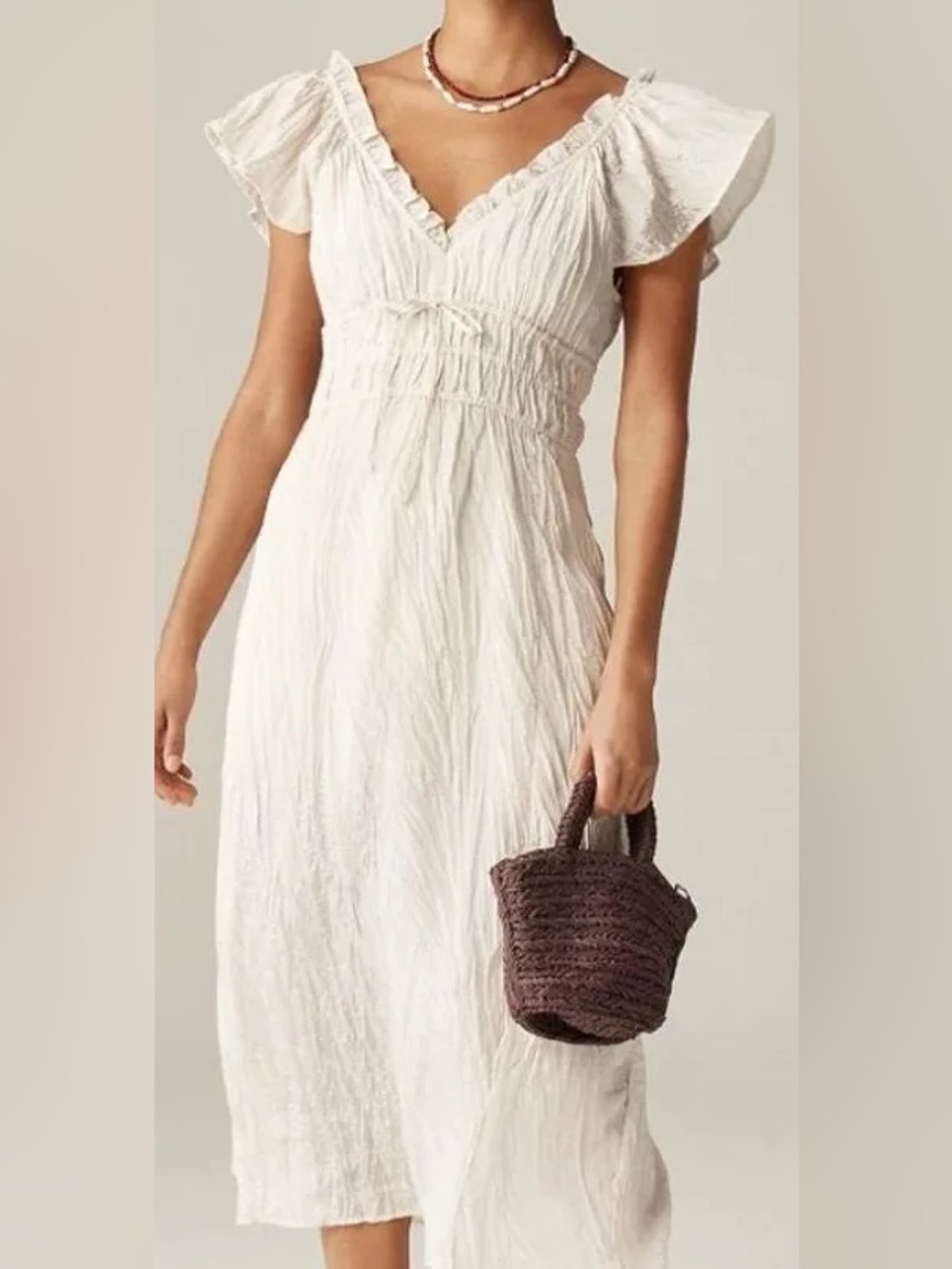J. Crew Palermo Cream V-Neck Smocked Midi Dress - Tall xL